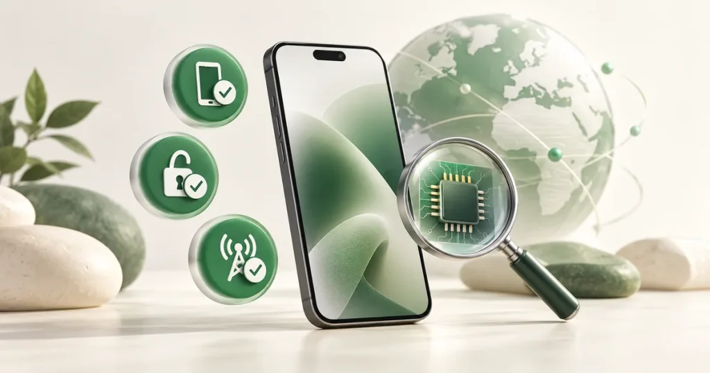 Illustration of a smartphone, inspection lens and three green check marks.