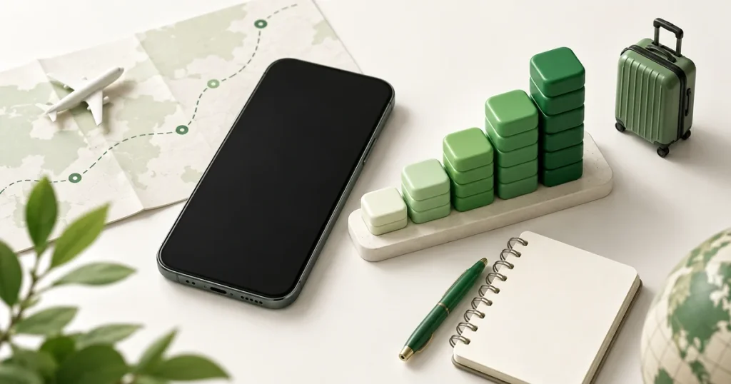 Illustration of a smartphone, notebook and green blocks representing a travel data budget.