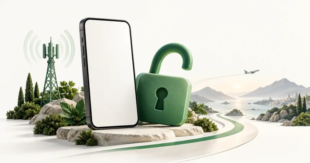 Illustration of an open padlock beside a smartphone before a trip.