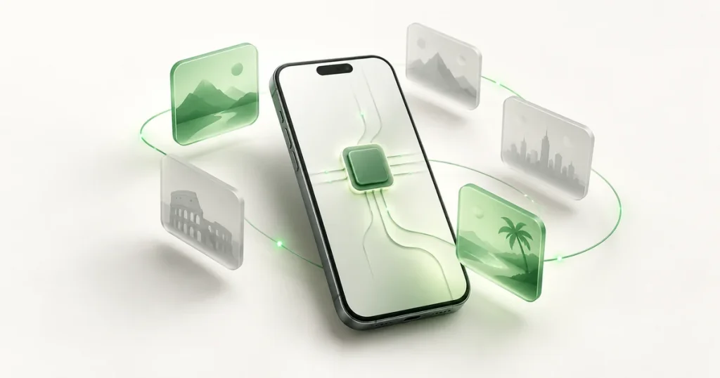 Illustration of a smartphone with several digital profile tiles, some highlighted in green.