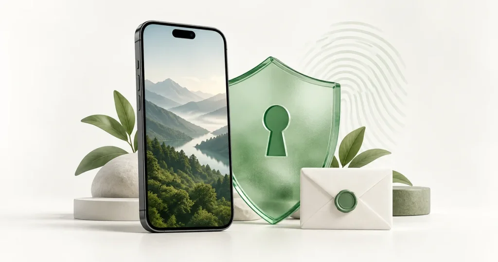 Illustration of a smartphone beside a protective shield and sealed envelope.